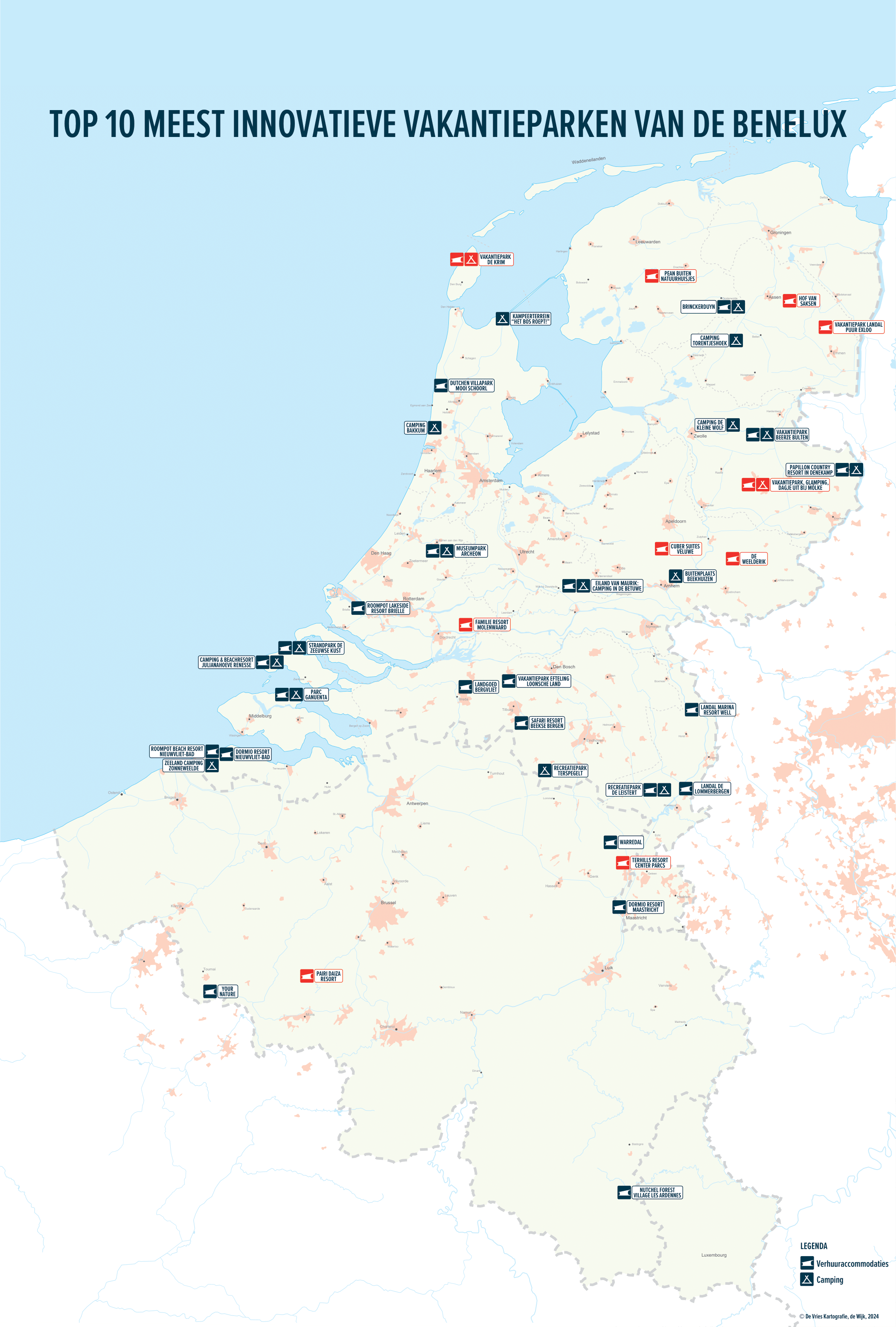 Plattegrond van de 39 parken geselecteerd top 10 bekendmaking Vakantieparken Benelux